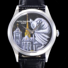 SA급 파텍필립 남성용 칼라트라바 5077P 오토매틱 투어빌론 Cal.240타입 38.6미리 가죽줄 에나멜 아크워크 블랙다이얼 pat46320 xx