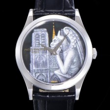 SA급 파텍필립 남성용 칼라트라바 5077P 오토매틱 투어빌론 Cal.240타입 38.6미리 가죽줄 에나멜 아크워크 블랙다이얼 pat76842 xx