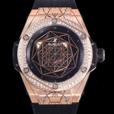 SA급 휴블렛 남성용 빅뱅 쌍 블루 오토매틱 HUB1213타입 45미리 18K 로즈골드 다이아몬드/보석 베젤 가죽/우레탄 믹스밴드 블랙다이얼 hub63518 xx