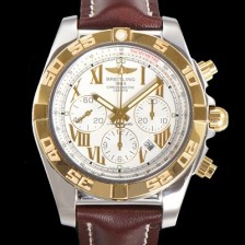 SA급 브라이틀링 남성용 원드라이더 크로노맷 오토매틱 ETA-7750 기계식 44mm 18K 옐루골드 가죽줄 화이트다이얼 bre9152 xx