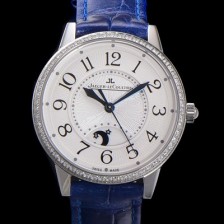 SA급 예거 르꿀르뜨 여성용 랑데뷰 나잇&데이 문페이즈 오토매틱 898A 타입 무브 34mm 보석 배젤 가죽줄  화이트다이얼 jag1521 xx