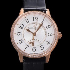 SA급 예거 르꿀르뜨 여성용 랑데뷰 나잇&데이 문페이즈 오토매틱 898A 타입 무브 34mm 금장시계 보석  배젤 가죽줄 화이트다이얼 jag9251 xx