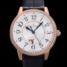 SA급 예거 르꿀르뜨 여성용 랑데뷰 나잇&데이 문페이즈 오토매틱 898A 타입 무브 34mm 금장시계 보석 배젤 가죽줄 화이트다이얼 jag1151 xx