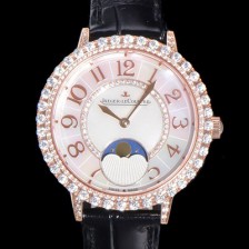 SA급 예거르꿀뜨르 여성용 랑데뷰 문미듐 오토매틱 Cal.935타입 34mm 18K 로즈골드 보석/다이아 베젤 가죽줄 화이트다이얼 jag9912 xx