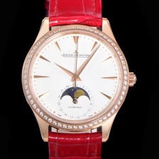 SA급 예거르꿀뜨르 남성용 마스터 울트라 씬 문페이즈 39mm 오토매틱 866타입 18K로즈골드/다이아몬드 베젤 가죽줄 화이트다이얼 jag2319 xx