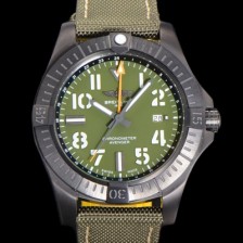 SA급 브라이틀링 남성용 어벤져 나이트 미션 밀리터리 한정판 오토매틱 ETA2836-2 타입 GMT 45mm  DLC코팅 무광 올블랙 나토천/가죽 믹스 카키다이얼 bre82074 xx