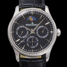 SA급 예거르꿀뜨르 남성용 마스터 울트라 퍼페추얼 캘린더 오토매틱 MC868 타입 39mm 가죽줄 다이아몬드베젤 문페이즈  블랙다이얼 jag49774 xx