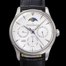 SA급 예거르꿀뜨르 남성용 마스터 울트라 퍼페추얼 캘린더 오토매틱 MC868 타입 39mm 가죽줄 다이아몬드베젤 문페이즈  화이트다이얼 jag24492 xx