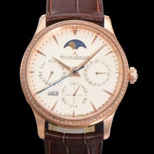 SA급 예거르꿀뜨르 남성용 마스터 울트라 퍼페추얼 캘린더 18K 로즈골드 오토매틱 MC868 타입 39mm 가죽줄 다이아몬드베젤 문페이즈 아이보리다이얼 jag20778 xx