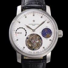 SA급 바쉐런콘스탄틴 남성용 트레디셔널 투어빌론 오토매틱 문페이즈 44mm 가죽줄 화이트다이얼 vac07216 xx