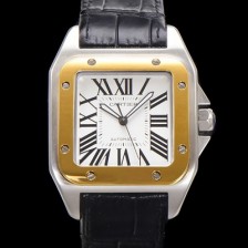 SA급 까르띠에 산토스 100 W20072X7 오토매틱 ETA2824-2 타입 18k 옐루골드 베젤 남성용 51mm 가죽줄 화이트 다이얼 car69318 xx