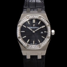 SA급 오데마피게 여성용 로얄오크 67651ST.ZZ.D002CR.01 악어가죽줄 33mm 쿼츠 무브먼트 블랙 와플 다이얼 aud6516 xx