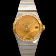 SA급 오메가 남성용 컨스틀레이션 123.25.38.21.58.001 18k 옐로우골드 다이아몬드 세팅 베젤 38mm 오토매틱 8500타입 샴페인 다이얼 omg0158 xx