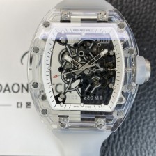 SA급 리차드밀레 남성용 RM055 트랜스파랜트 50mm 미네랄 크리스탈 기계식 수동형 무브먼트 화이트 스켈레톤 다이얼 ric0325 xx