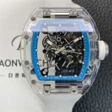 SA급 리차드밀레 남성용 RM055 트랜스파랜트 50mm 미네랄 크리스탈 기계식 수동형 무브먼트 블루 스켈레톤 다이얼 ric0327 xx