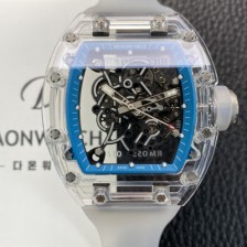SA급 리차드밀레 남성용 RM055 트랜스파랜트 50mm 미네랄 크리스탈 기계식 수동형 무브먼트 블루 스켈레톤 다이얼 ric0328 xx