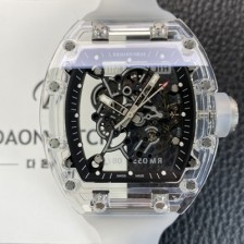 SA급 리차드밀레 남성용 RM055 트랜스파랜트 50mm 미네랄 크리스탈 기계식 수동형 무브먼트 블랙 스켈레톤 다이얼 ric0329 xx