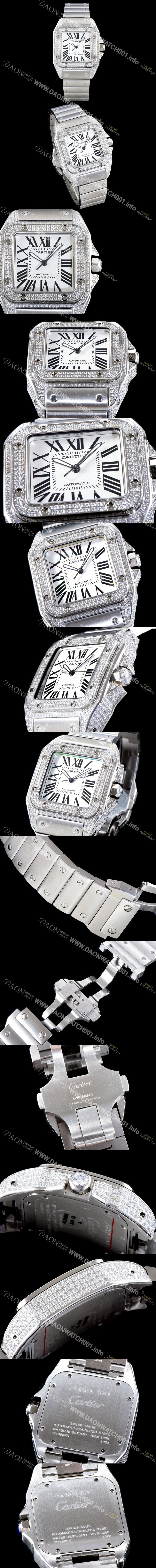 SA급 까르띠에 남성용 산토스 100 베스트 에디션 W20073X8 미듐 모델 화이트 골드-다이아몬드 실버 마감 오팔린 다이얼 오토매틱 무브먼트 CAR4011 xx