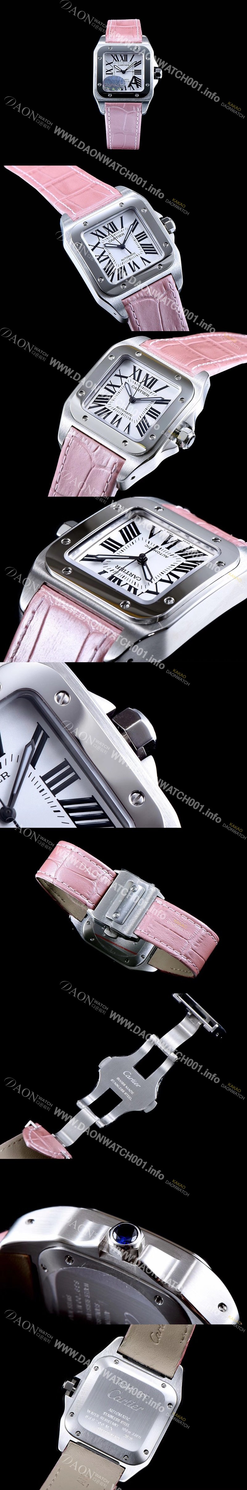 SA급 까르띠에 남여공용 산토스100 W20126X8 커플용 워치 화이트 다이얼 핑크 레더 스트랩 오토매틱 무브먼트 CAR0333 xx