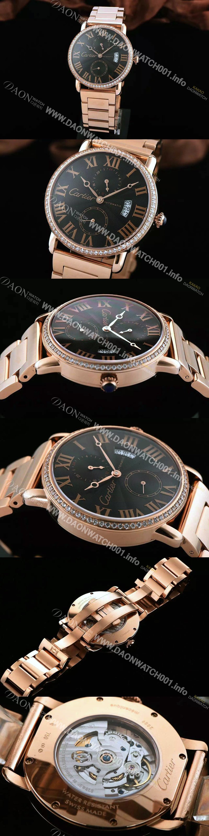 SA급 까르띠에 남성용 롱드더 까르띠에 서브 세컨즈 18k 로즈골드 쥬얼 다이아몬드 베젤 물결무늬 블랙 다이얼 골드 로마 인덱스 스위스 ETA 2824-A2오토매틱 무브먼 CAR0300 xx