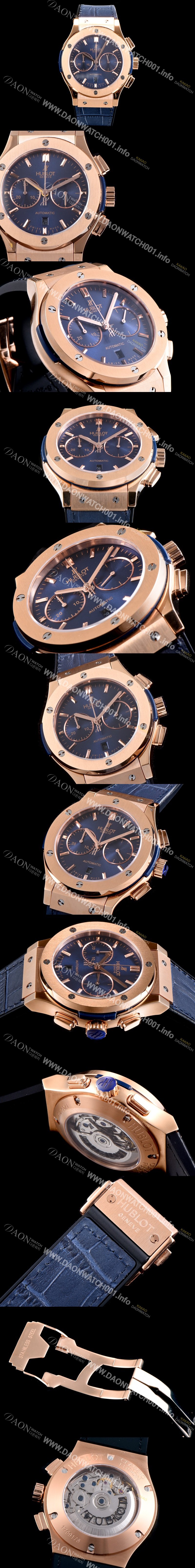 SA급 휴블렛 남성용 클레식 퓨전 521.OX.2610.LR 18K 로즈골드 케이스 크로노그래프 블루 다이얼 오토매틱 무브먼트 HUB4202 xx