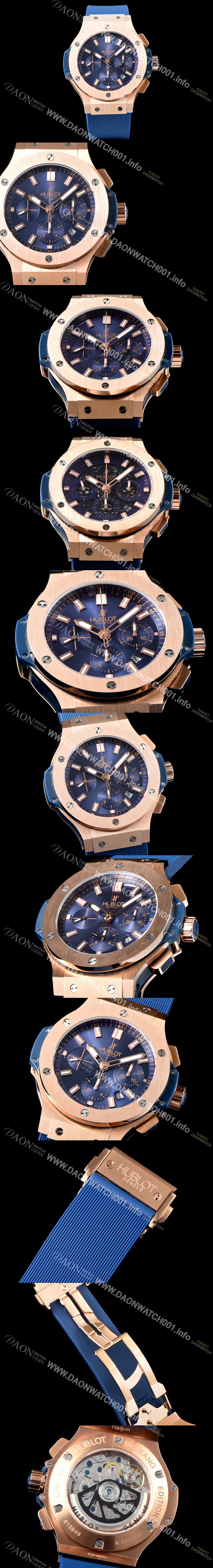 SA급 휴블렛 남성용 New pgrade!!빅뱅 301.PX.7180.LR 18K 로즈 골드 크로노그래프 44MM 블루 다이얼 수정형 ETA 7750 오토매틱 무브먼트 HUB0231 xx