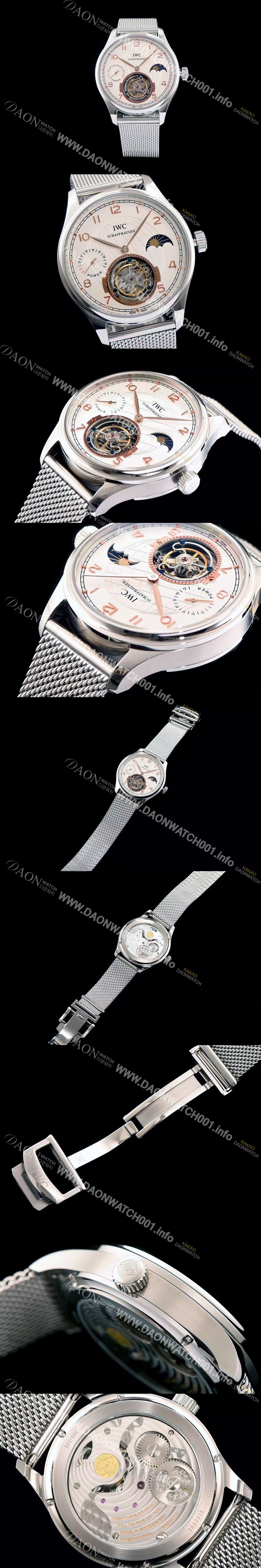 SA급 아이더블유씨 남성용 포르투기즈 투어빌론 문페이즈 파워리져브 로즈골드 인덱스 화이트 다이얼 스틸 메쉬 브레이슬릿 IWC0211 xx