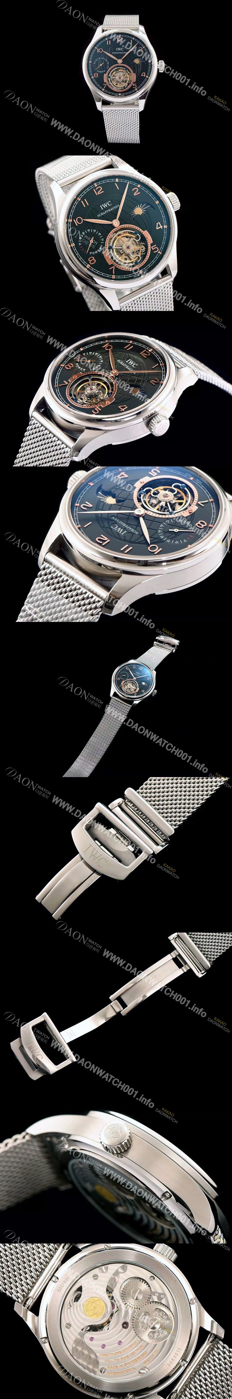 SA급 아이더블유씨 남성용 포르투기즈 투어빌론 문페이즈 파워리져브 로즈골드 인덱스 블랙 다이얼 스틸 메쉬 브레이슬릿 IWC0214 xx