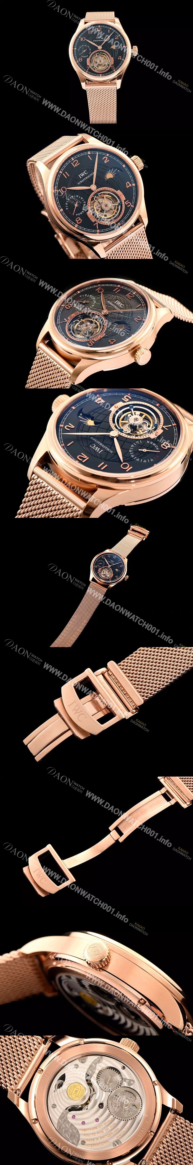 SA급 아이더블유씨 남성용 IWC 포르투기즈 투어빌론 문페이즈 파워리져브 로즈골드 블랙 다이얼 로즈골드 메쉬 브레이슬릿 IWC0210 xx