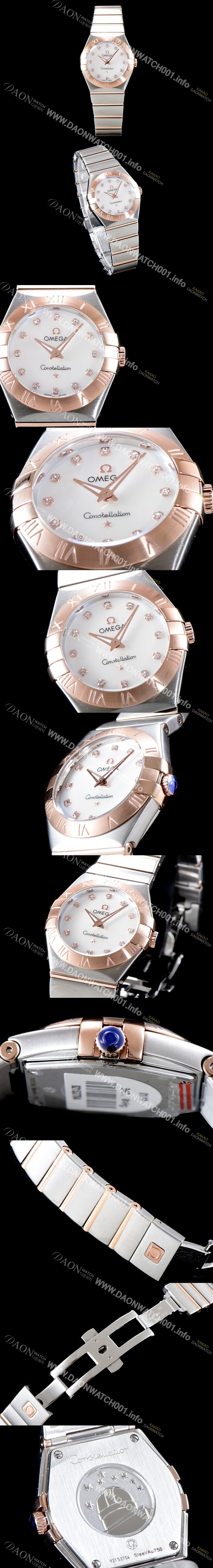 SA급 오메가 여성 컬렉션 컨스틀레이션 123.20.27.60.55.001 오메가 코-액시얼 27MM 로마 숫자가 인그레이빙된 베젤 18K 로즈골드 콤비 화이트 자개 다이얼 쿼츠 무브먼트 OMG0123 xx