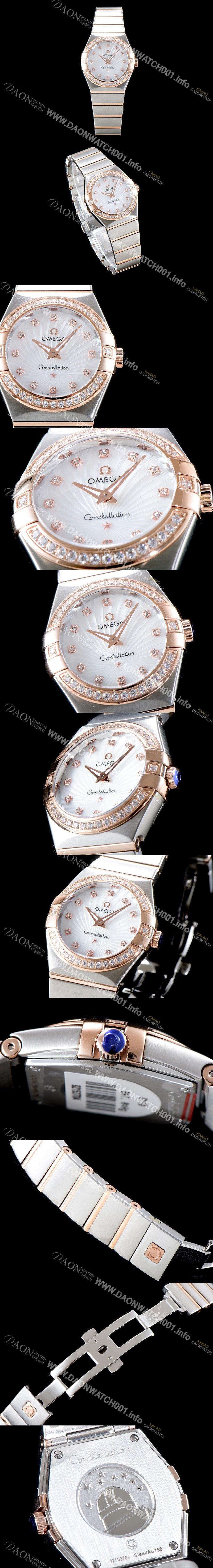 SA급 오메가 여성 컬렉션 컨스틀레이션 123.25.27.60.55.002 오메가 코-액시얼 27MM 다이아몬드 세팅 베젤 화이트 자개 다이얼 18K 로즈골드 콤비 쿼츠 무브먼트 OMG0120 xx