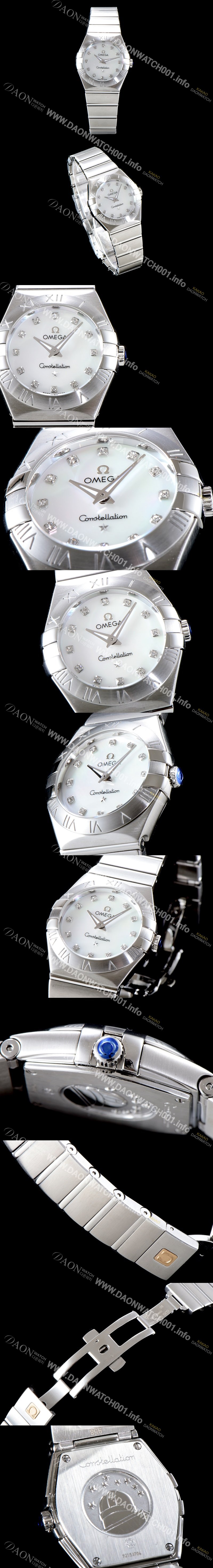 SA급 오메가 여성 컬렉션 컨스틀레이션 123.10.24.60.55.001 오메가 코-액시얼 27MM 로마 숫자가 인그레이빙된 베젤 화이트 자개 다이얼 쿼츠 무브먼트 OMG0122 xx
