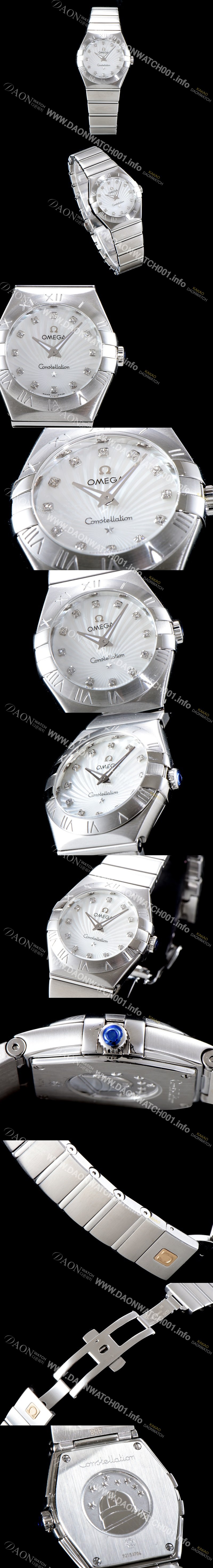 SA급 오메가 여성 컬렉션 컨스틀레이션 123.10.27.20.55.001 오메가 코-액시얼 27MM 로마 숫자가 인그레이빙된 베젤 화이트 자개 다이얼 쿼츠 무브먼트 OMG0124 xx