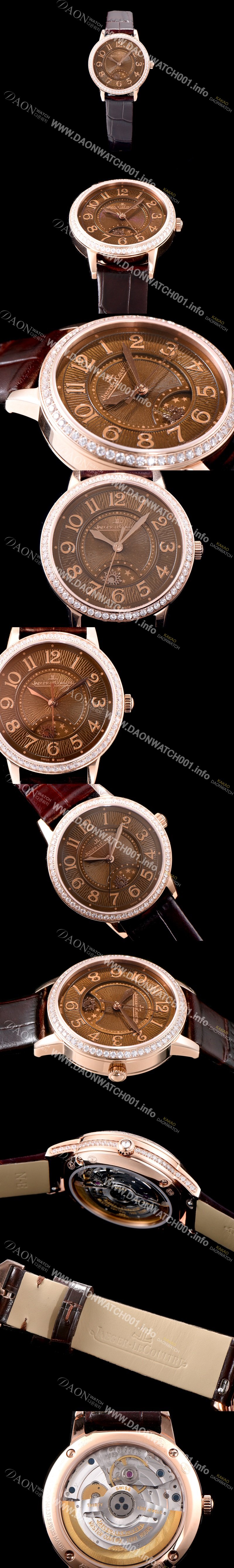 SA급 예거르꿀르뜨 남성용 랑데부 나잇&데이 344242J 레이디 워치 18K 로즈골드 최상급 다이아몬드 세팅 베젤 문페이즈 브라운 텍스쳐드 다이얼 오토매틱 무브먼트 JAG0420 xx
