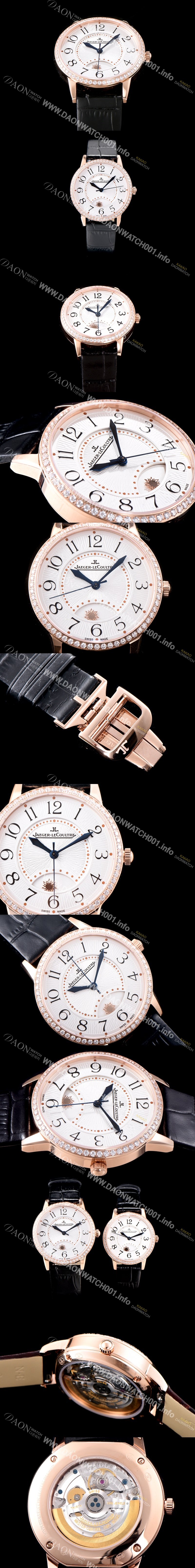 SA급 예거르꿀르뜨 남성용 랑데부 나잇&데이 3442440 레이디 워치 18K 로즈골드 최상급 다이아몬드 세팅 베젤 문페이즈 화이트 텍스쳐드 다이얼 오토매틱 무브먼트 JAG0424 xx