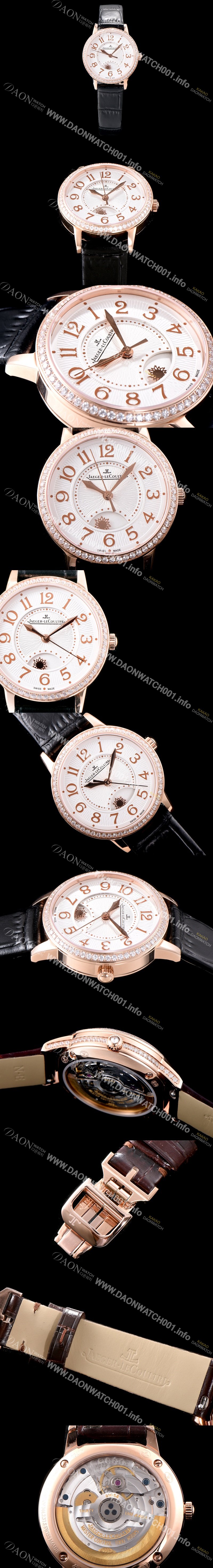 SA급 예거르꿀르뜨 남성용 랑데부 나잇&데이 3442440 레이디 워치 18K 로즈골드 최상급 다이아몬드 세팅 베젤 문페이즈 화이트 텍스쳐드 다이얼 오토매틱 무브먼트 JAG0440 xx