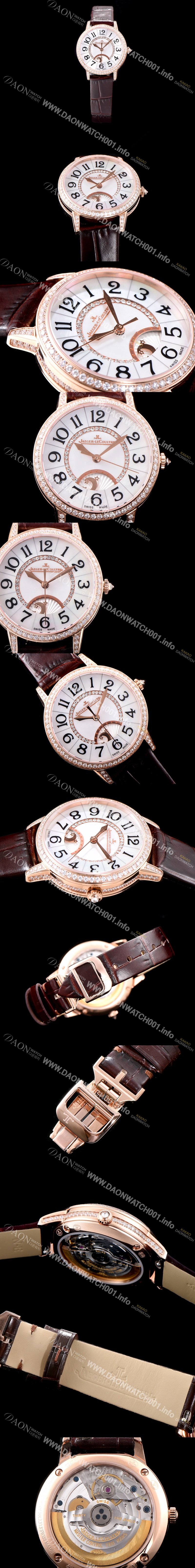 SA급 예거르꿀르뜨 남성용 랑데부 나잇&데이 3442440 레이디 워치 18K 로즈골드 최상급 다이아몬드 세팅 베젤 문페이즈 자개 다이얼 오토매틱 무브먼트 JAG0420 xx