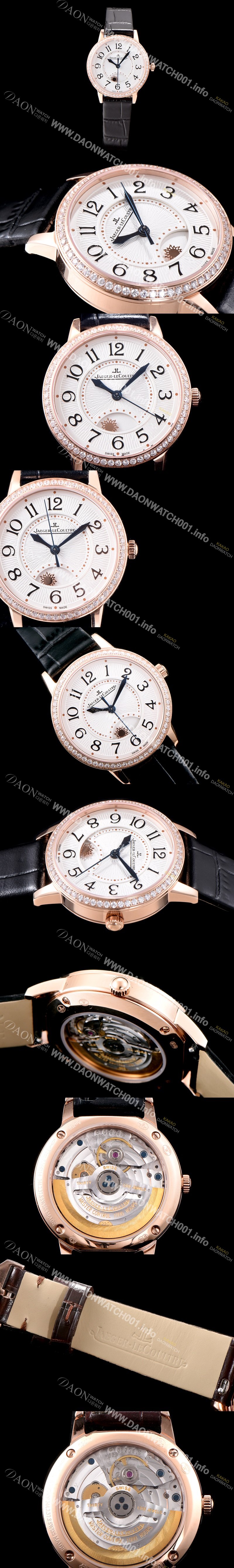 SA급 예거르꿀르뜨 남성용 랑데부 나잇&데이 Q3442520 레이디 워치 18K 로즈골드 최상급 다이아몬드 세팅 베젤 문페이즈 화이트 텍스쳐드 다이얼 오토매틱 무브먼트 JAG0440 xx