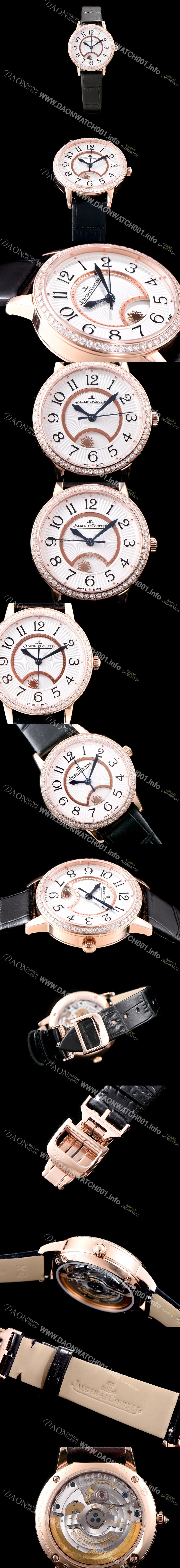 SA급 예거르꿀르뜨 남성용 랑데부 나잇&데이 3442440 레이디 워치 18K 로즈골드 최상급 다이아몬드 세팅 베젤 문페이즈 화이트 텍스쳐드 다이얼 오토매틱 무브먼트 JAG0425 xx