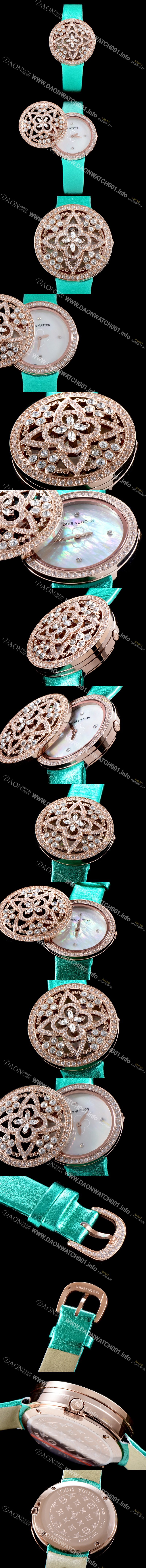 SA급 루이비통 남성용 탕부르 컬렉션 Q151D0 비주 시크릿!! 최상급 퀄리티의 쥬얼셋팅 케이스 핑크 마더 오브 펄 다이얼 스위스 쿼츠 무브먼트 LOU4200 xx