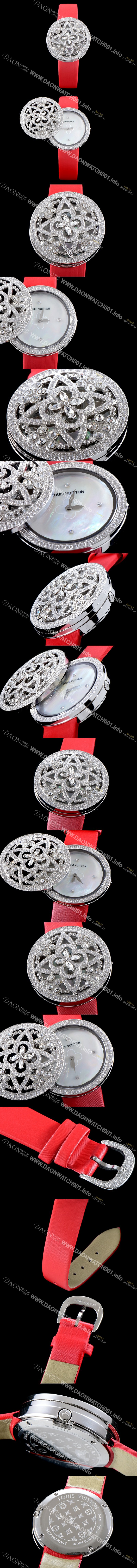 SA급 루이비통 남성용 탕부르 컬렉션 Q151D0 비주 시크릿!! 최상급 퀄리티의 쥬얼셋팅 케이스 핑크 마더 오브 펄 다이얼 스위스 쿼츠 무브먼트 LOU4201 xx