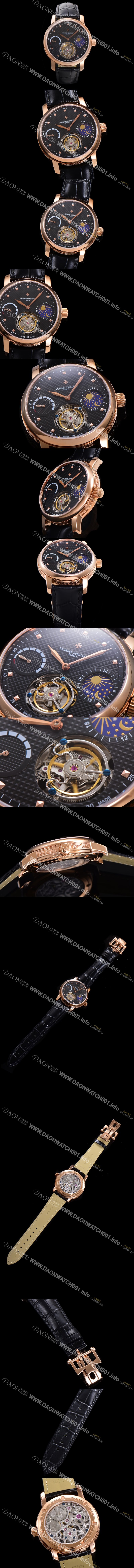 SA급 바쉐런콘스탄틴남성용 트레디셔널 투어빌론 오토매틱 문페이즈 44mm 18K 로즈골드 가죽줄 블랙다이얼 vac15690 xx