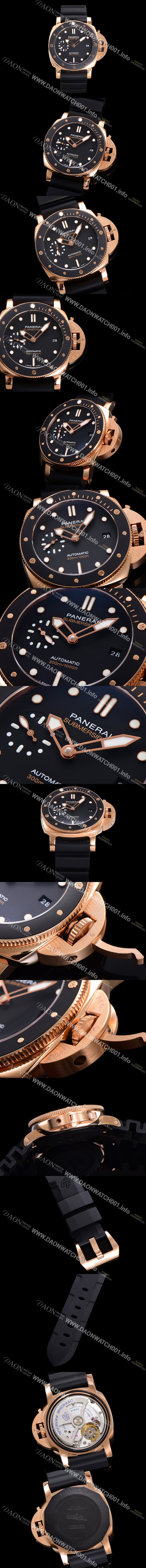 SA급 파네라이 남성용 서브머시블 골드테크™ PAM02164 오토매틱 Cal P. 900 타입 42mm 18K 로즈골드 우레탄 블랙 다이얼 pan5209 xx