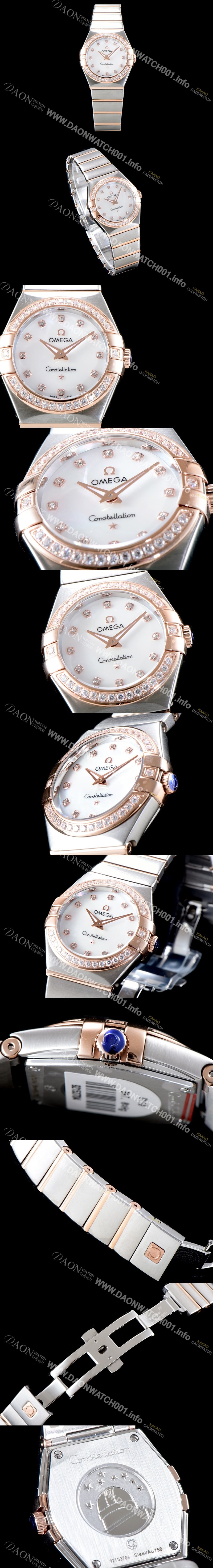 SA급 오메가 남성용 여성 컬렉션 컨스틀레이션 123.25.24.60.55.001 오메가 코-액시얼 27MM 다이아몬드 세팅 베젤 화이트 자개 다이얼 18K 로즈골드 콤비 쿼츠 무브먼트 OMG4125 xx