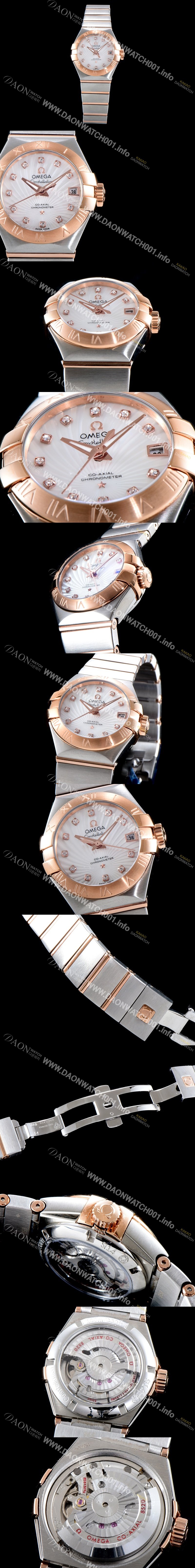 SA급 오메가 남성용 여성 컬렉션 컨스틀레이션 123.20.27.20.55.001 오메가 코-액시얼 27MM 로마 숫자가 인그레이빙된 베젤 18K 로즈골드 콤비 화이트 자개 다이얼 쿼츠 무브먼트 OMG4121 xx