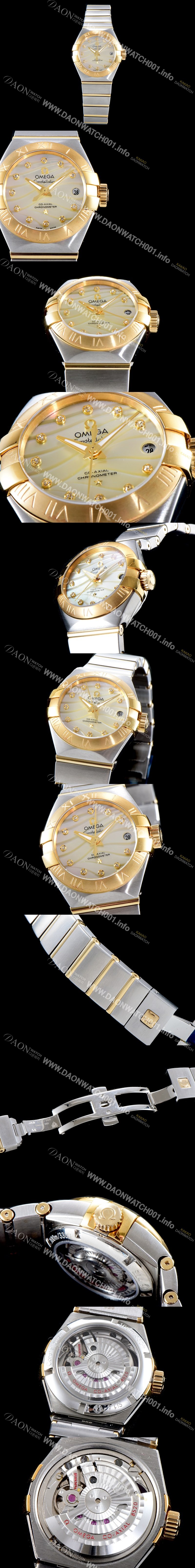 SA급 오메가 남성용 여성 컬렉션 컨스틀레이션 123.20.27.20.55.002 오메가 코-액시얼 27MM 로마 숫자가 인그레이빙된 베젤 18K 옐로골드 콤비 자개 다이얼 쿼츠 무브먼트 OMG4120 xx