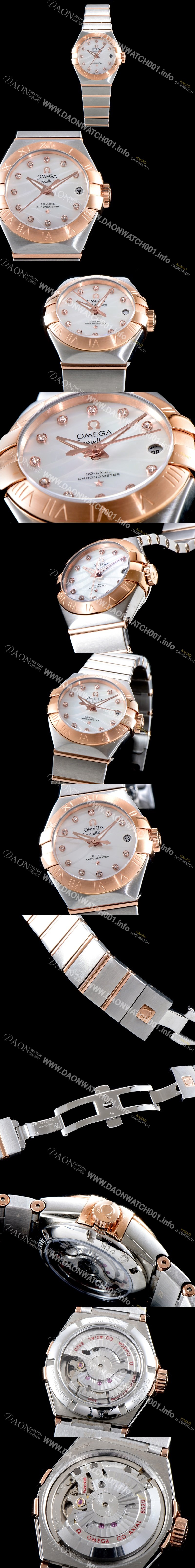 SA급 오메가 남성용 여성 컬렉션 컨스틀레이션 123.20.27.20.55.003 오메가 코-액시얼 27MM 로마 숫자가 인그레이빙된 베젤 18K 로즈골드 콤비 화이트 자개 다이얼 쿼츠 무브먼트 OMG4110 xx