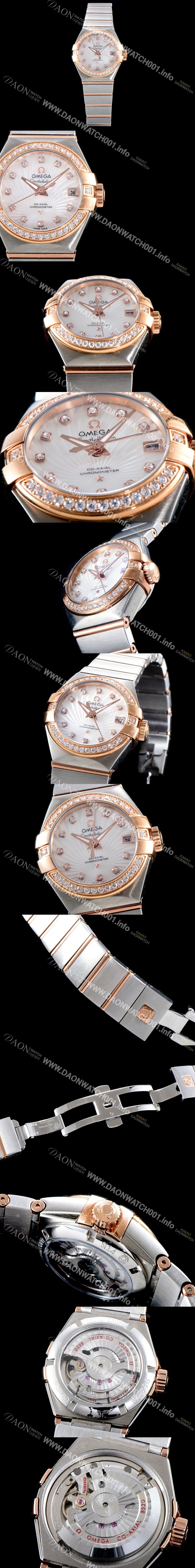 SA급 오메가 남성용 여성 컬렉션 컨스틀레이션 123.25.27.20.55.001 오메가 코-액시얼 27MM 다이아몬드 세팅 베젤 화이트 자개 다이얼 18K 로즈골드 콤비 쿼츠 무브먼트 OMG4114 xx
