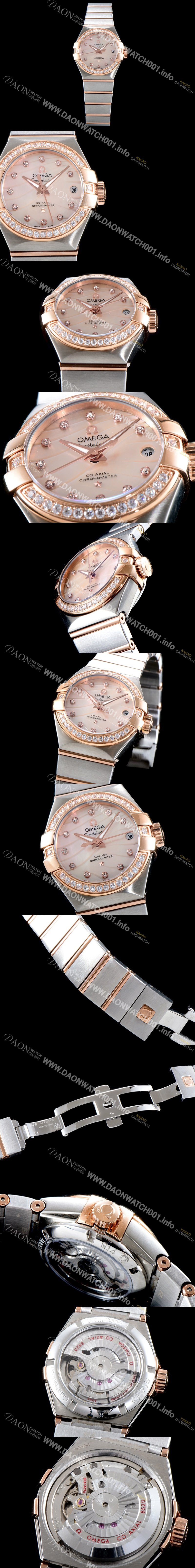SA급 오메가 남성용 여성 컬렉션 컨스틀레이션 123.25.27.20.55.005 오메가 코-액시얼 27MM 다이아몬드 세팅 베젤 자개 다이얼 18K 로즈골드 콤비 쿼츠 무브먼트 OMG4112 xx