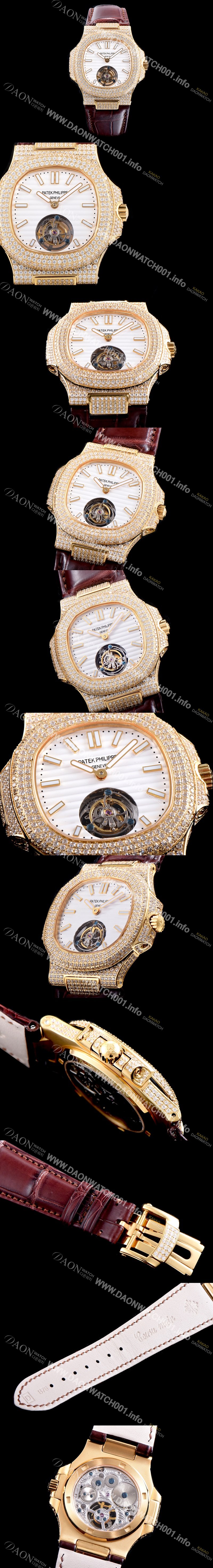 SA급 파텍필립 남성용 노틸러스 뚜르비옹 18K 옐로우 골드 최상급쥬얼 다이아몬드 풀 세팅 케이스 화이트 텍스쳐 다이얼 아시안 투어빌론 탑재 PAT0100 xx